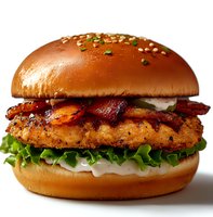 Grilled chicken sandwich with crispy bacon strips, fresh lettuce, mayo sauce on toasted brioche bun garnished with herbs and spices against white background.