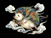 Whimsical hedgehog with ornate feathered wings and flowing decorative clouds, isolated on transparent background for t-shirt design, stickers, clipart and print-on-demand projects.