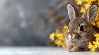 Young brown rabbit among yellow spring flowers on blurred natural background, close up portrait of bunny with soft fur and alert expression.