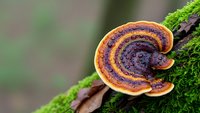 Colorful bracket fungus with concentric rings growing on moss-covered tree bark in natural forest environment for nature and botanical designs.