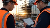 Two construction workers in safety gear reviewing digital tablet at building site during golden hour sunset with urban development in background.