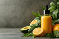 Fresh orange juice in dropper bottle with citrus fruits, avocado and green leaves on gray background. Natural vitamin C smoothie for immunity boost.