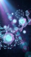 Futuristic digital network with glowing geometric shapes and connected nodes on dark tech background for modern technology concepts.