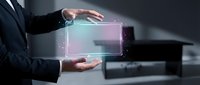 Businessman in dark suit holding transparent holographic display with glowing pink and blue gradient interface, futuristic technology concept for business innovation and digital transformation.