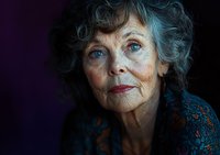 Elegant senior Caucasian woman with blue eyes and gray curly hair wearing lace dress against dark background, dramatic lighting highlights natural aging beauty and wisdom.