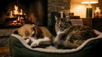 Cozy tabby cat and beagle puppy resting together on soft cushion by warm fireplace in rustic living room with stone wall and lamp creating peaceful home atmosphere.