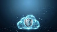 Glowing cloud shield with digital security lock symbol on dark blue tech background, representing cybersecurity, data protection, and cloud computing infrastructure for business networks.