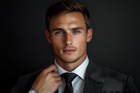 Confident young Caucasian businessman in dark suit adjusting tie, wearing luxury watch against black background. Professional portrait with dramatic lighting.