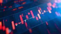 Red and blue stock market candlestick chart showing financial data analysis, trading graph with price movement indicators on dark background. Useful for finance presentations.
