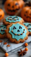 Halloween cookies with turquoise icing and spooky faces decorated with orange candies on marble board with jack-o-lanterns in background for festive baking.
