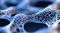 Microscopic view of cellular structure with organic mesh pattern in blue and white tones showing interconnected network of bubbles and holes in abstract form.