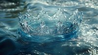 Crown-shaped water splash with droplets frozen in motion against turquoise blue rippling surface, capturing dynamic liquid movement in macro photography.