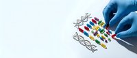 Scientist in blue gloves holding DNA double helix with colorful genetic code sequence for biotechnology research and molecular biology studies.