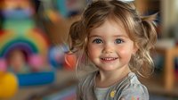 Happy caucasian toddler girl with pigtails and bright blue eyes smiling at camera in colorful playroom setting with rainbow decoration, perfect for childhood education and development themes.