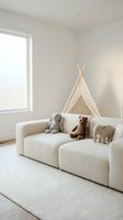 Modern minimalist children playroom with beige sofa, stuffed toys and white teepee tent in bright natural light interior for kids furniture design.