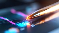 Glowing pen tip touching digital chart with financial data visualization in blue and pink neon colors on dark background, macro photography style.