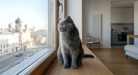 Gray British Shorthair cat sitting by large window in modern apartment with city view. Cozy indoor pet lifestyle scene for home decor concepts.
