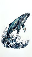Humpback whale breaching ocean waves with ornate decorative patterns, isolated on white background for design, print, and artwork applications.