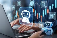 Hands typing on laptop with AI chatbot interface and financial trading charts displaying automated investment technology solutions.