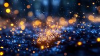 Magical glowing dandelion seeds floating in dark blue night with golden bokeh lights and sparkles creating dreamy atmospheric nature background.
