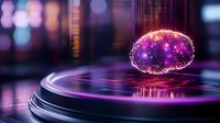 Glowing purple brain hologram floating above reflective surface with bokeh lights background, representing artificial intelligence and neural networks.