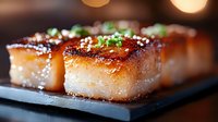 Golden caramelized pork belly cubes with crispy skin and fresh herbs on dark slate board. Gourmet Asian cuisine appetizer for restaurant menu design.