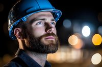 Bearded Caucasian male construction worker in blue hard hat looking into distance at night with bokeh lights background, dramatic lighting highlights facial features.