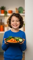 Happy mixed-race child holding plate of fresh vegetables in modern kitchen promoting healthy eating habits and nutritious lifestyle choices.