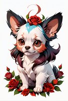 Adorable chihuahua puppy with big brown eyes and fluffy fur, decorated with red roses. Stylized cartoon character on white background, suitable for stickers and prints.