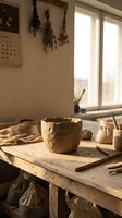 Rustic workspace with dried herbs hanging on wall, paper bag container, wooden table, natural window light, and craft supplies for sustainable design projects.