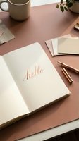 Open notebook with rose gold hello calligraphy on a terracotta desk with fountain pen, mug, and neutral cards for stationery design.