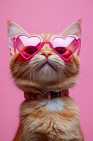 Stylish orange tabby cat wearing pink heart-shaped sunglasses on vibrant pink background for trendy pet fashion and social media content.