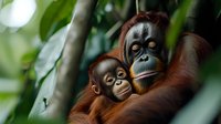 Mother orangutan and baby cuddling in natural rainforest habitat, showing tender maternal care among endangered primates amid green foliage and soft bokeh lighting.