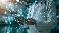 Healthcare professional using digital tablet with network connections and data visualization overlay for modern medical technology applications.