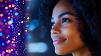 Young African American woman with natural curly hair smiling against blurred bokeh lights background in purple and blue colors creating magical atmosphere.
