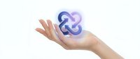Hand holding glowing purple and blue interconnected geometric symbol representing network connection, digital innovation, and technology integration for web and app design.