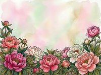 Watercolor peony flowers border frame on soft pastel background for wedding invitations, greeting cards and romantic spring designs.