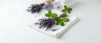 Fresh lavender sprigs with green mint leaves arranged on white wooden tray beside glass bottle, perfect for aromatherapy and natural wellness concepts.