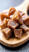 Chunks of brown sugar candy or caramel fudge pieces on wooden serving board, close up macro shot showing crystalline texture and glossy surface.