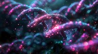 Glowing DNA strand structure with pink and blue particles in dark background, genetic research concept visualization showing molecular biology helix formation.