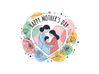 Happy Mother's Day greeting card with loving family embracing surrounded by colorful flowers and heart shapes for celebration design.