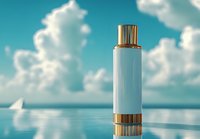 Luxury cosmetic bottle with gold accents against serene ocean backdrop and fluffy clouds, reflecting on glossy surface. For beauty and skincare advertising.