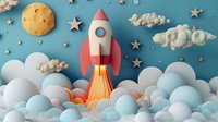 Playful paper craft rocket launching through fluffy clouds with moon and stars against blue sky background. Creative handmade art composition for children decor.