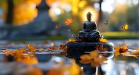 Small Buddha statue surrounded by autumn leaves on reflective surface with warm golden bokeh background creating peaceful meditation atmosphere.