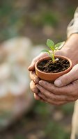 Hands gently protecting young green plant seedling in terracotta pot with rich soil, symbolizing growth, care, and environmental responsibility.