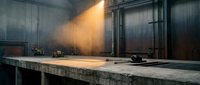 Industrial concrete workspace with dramatic lighting beam illuminating empty table surface in modern warehouse interior for commercial design projects.