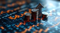 Stacks of silver coins with upward arrow on financial chart background showing market growth trends and investment success in blue and orange tones.