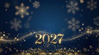 2027 gold numerals with sparkling particles and snowflakes on deep blue background, ideal for New Year celebrations, holiday greetings, festive events, and seasonal marketing campaigns.