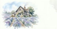 Watercolor painting of charming Tudor cottage with timber framing surrounded by blooming lavender fields in countryside setting for home decor and design.
