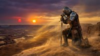 Armored medieval knight kneeling with sword at dramatic sunset over desert canyon landscape. Epic fantasy warrior in battle gear against golden sky.